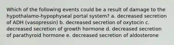 Which of the following events could be a result of damage to the hypothalamo-hypophyseal portal system? a. decreased secretion of ADH (vasopressin) b. decreased secretion of oxytocin c. decreased secretion of growth hormone d. decreased secretion of parathyroid hormone e. decreased secretion of aldosterone