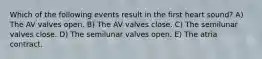 Which of the following events result in the first heart sound? A) The AV valves open. B) The AV valves close. C) The semilunar valves close. D) The semilunar valves open. E) The atria contract.