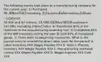 The following events took place at a manufacturing company for the current year: 1) Purchased 95,000 in DM Inventory. 2) Incurred labor costs as follows: (a) direct,56,000 and (b) indirect, 13,600. 3) Other MOH costs were107,000, excluding indirect labor. 4) Transferred 80% of the materials to the manufacturing assembly line. 5) Completed 65% of the WIP Inventory during the year 6) Sold 85% of completed goods. 7) There were no beginning inventories. What is the journal entry to recored the direct labor costs for the period? A. Labor inventory XXX Wages Payable XXX B. Work in Process inventory XXX Wages Payable XXX C. Manufacturing overhead control XXX Wages Payable XXX D. Wages Expense XXX Cash XXX