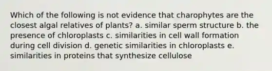 Which of the following is not evidence that charophytes are the closest algal relatives of plants? a. similar sperm structure b. the presence of chloroplasts c. similarities in cell wall formation during <a href='https://www.questionai.com/knowledge/kjHVAH8Me4-cell-division' class='anchor-knowledge'>cell division</a> d. genetic similarities in chloroplasts e. similarities in proteins that synthesize cellulose