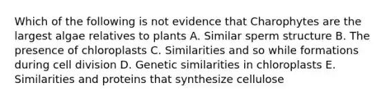 Which of the following is not evidence that Charophytes are the largest algae relatives to plants A. Similar sperm structure B. The presence of chloroplasts C. Similarities and so while formations during cell division D. Genetic similarities in chloroplasts E. Similarities and proteins that synthesize cellulose