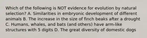 Which of the following is NOT evidence for evolution by natural selection? A. Similarities in embryonic development of different animals B. The increase in the size of finch beaks after a drought C. Humans, whales, and bats (and others) have arm-like structures with 5 digits D. The great diversity of domestic dogs