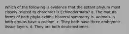 Which of the following is evidence that the extant phylum most closely related to chordates is Echinodermata? a. The mature forms of both phyla exhibit bilateral symmetry. b. Animals in both groups have a coelom. c. They both have three embryonic tissue layers. d. They are both deuterostomes.