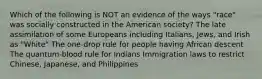 Which of the following is NOT an evidence of the ways "race" was socially constructed in the American society? The late assimilation of some Europeans including Italians, Jews, and Irish as "White" The one-drop rule for people having African descent The quantum-blood rule for Indians Immigration laws to restrict Chinese, Japanese, and Philippines