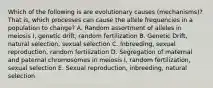 Which of the following is are evolutionary causes (mechanisms)? That is, which processes can cause the allele frequencies in a population to change? A. Random assortment of alleles in meiosis I, genetic drift, random fertilization B. Genetic Drift, natural selection, sexual selection C. Inbreeding, sexual reproduction, random fertilization D. Segregation of maternal and paternal chromosomes in meiosis I, random fertilization, sexual selection E. Sexual reproduction, inbreeding, natural selection