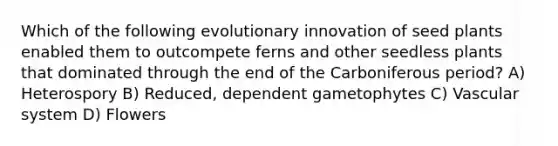 Which of the following evolutionary innovation of seed plants enabled them to outcompete ferns and other seedless plants that dominated through the end of the Carboniferous period? A) Heterospory B) Reduced, dependent gametophytes C) Vascular system D) Flowers