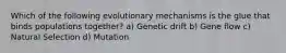 Which of the following evolutionary mechanisms is the glue that binds populations together? a) Genetic drift b) Gene flow c) Natural Selection d) Mutation