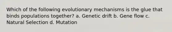 Which of the following evolutionary mechanisms is the glue that binds populations together? a. Genetic drift b. Gene flow c. Natural Selection d. Mutation