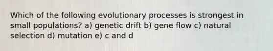 Which of the following evolutionary processes is strongest in small populations? a) genetic drift b) gene flow c) natural selection d) mutation e) c and d