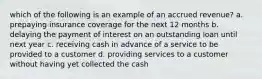 which of the following is an example of an accrued revenue? a. prepaying insurance coverage for the next 12 months b. delaying the payment of interest on an outstanding loan until next year c. receiving cash in advance of a service to be provided to a customer d. providing services to a customer without having yet collected the cash