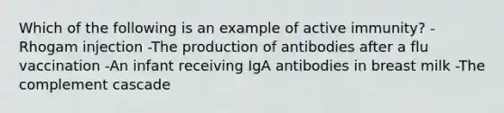 Which of the following is an example of active immunity? -Rhogam injection -The production of antibodies after a flu vaccination -An infant receiving IgA antibodies in breast milk -The complement cascade