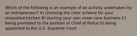 Which of the following is an example of an activity undertaken by an entrepreneur? A) choosing the color scheme for your renovated kitchen B) starting your own snow cone business C) being promoted to the position of Chief of Police D) being appointed to the U.S. Supreme Court