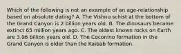 Which of the following is not an example of an age-relationship based on absolute dating? A. The Vishnu schist at the bottom of the Grand Canyon is 2 billion years old. B. The dinosaurs became extinct 65 million years ago. C. The oldest known rocks on Earth are 3.96 billion years old. D. The Coconino formation in the Grand Canyon is older than the Kaibab formation.