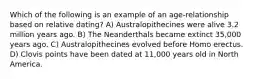 Which of the following is an example of an age-relationship based on relative dating? A) Australopithecines were alive 3.2 million years ago. B) The Neanderthals became extinct 35,000 years ago. C) Australopithecines evolved before Homo erectus. D) Clovis points have been dated at 11,000 years old in North America.