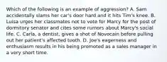 Which of the following is an example of aggression? A. Sam accidentally slams her car's door hard and it hits Tim's knee. B. Luisa urges her classmates not to vote for Marcy for the post of dormitory senator and cites some rumors about Marcy's social life. C. Carla, a dentist, gives a shot of Novocain before pulling out her patient's affected tooth. D. Joe's eagerness and enthusiasm results in his being promoted as a sales manager in a very short time.