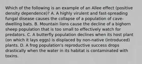 Which of the following is an example of an Allee effect (positive density dependence)? A. A highly virulent and fast-spreading <a href='https://www.questionai.com/knowledge/kYrZc0yJDB-fungal-disease' class='anchor-knowledge'>fungal disease</a> causes the collapse of a population of cave-dwelling bats. B. Mountain lions cause the decline of a bighorn sheep population that is too small to effectively watch for predators. C. A butterfly population declines when its host plant (on which it lays eggs) is displaced by non-native (introduced) plants. D. A frog population's reproductive success drops drastically when the water in its habitat is contaminated with toxins.