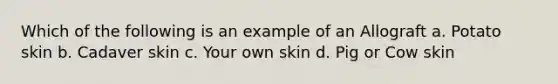 Which of the following is an example of an Allograft a. Potato skin b. Cadaver skin c. Your own skin d. Pig or Cow skin