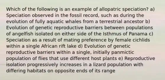 Which of the following is an example of allopatric speciation? a) Speciation observed in the fossil record, such as during the evolution of fully aquatic whales from a terrestrial ancestor b) Evolution of genetic reproductive barriers between populations of angelfish isolated on either side of the Isthmus of Panama c) Speciation as a result of mating preference by female cichlids within a single African rift lake d) Evolution of genetic reproductive barriers within a single, initially panmictic population of flies that use different host plants e) Reproductive isolation progressively increases in a lizard population with differing habitats on opposite ends of its range