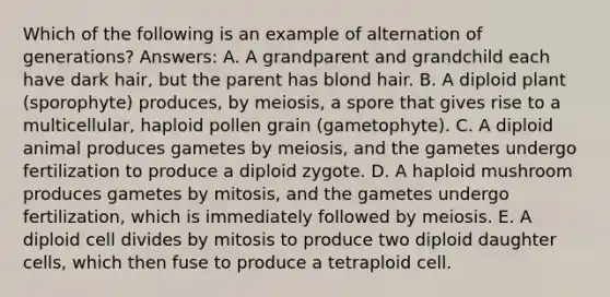 Which of the following is an example of alternation of generations? Answers: A. A grandparent and grandchild each have dark hair, but the parent has blond hair. B. A diploid plant (sporophyte) produces, by meiosis, a spore that gives rise to a multicellular, haploid pollen grain (gametophyte). C. A diploid animal produces gametes by meiosis, and the gametes undergo fertilization to produce a diploid zygote. D. A haploid mushroom produces gametes by mitosis, and the gametes undergo fertilization, which is immediately followed by meiosis. E. A diploid cell divides by mitosis to produce two diploid daughter cells, which then fuse to produce a tetraploid cell.