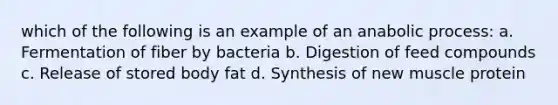 which of the following is an example of an anabolic process: a. Fermentation of fiber by bacteria b. Digestion of feed compounds c. Release of stored body fat d. Synthesis of new muscle protein