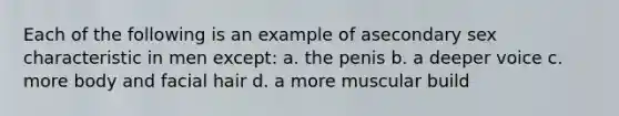 Each of the following is an example of asecondary sex characteristic in men except: a. the penis b. a deeper voice c. more body and facial hair d. a more muscular build