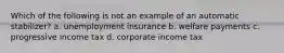 Which of the following is not an example of an automatic stabilizer? a. unemployment insurance b. welfare payments c. progressive income tax d. corporate income tax