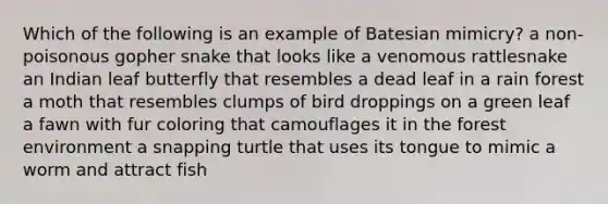 Which of the following is an example of Batesian mimicry? a non-poisonous gopher snake that looks like a venomous rattlesnake an Indian leaf butterfly that resembles a dead leaf in a rain forest a moth that resembles clumps of bird droppings on a green leaf a fawn with fur coloring that camouflages it in the forest environment a snapping turtle that uses its tongue to mimic a worm and attract fish