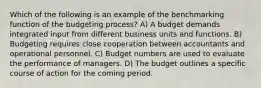 Which of the following is an example of the benchmarking function of the budgeting process? A) A budget demands integrated input from different business units and functions. B) Budgeting requires close cooperation between accountants and operational personnel. C) Budget numbers are used to evaluate the performance of managers. D) The budget outlines a specific course of action for the coming period.