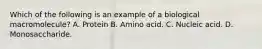 Which of the following is an example of a biological macromolecule? A. Protein B. Amino acid. C. Nucleic acid. D. Monosaccharide.