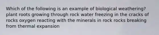 Which of the following is an example of biological weathering? plant roots growing through rock water freezing in the cracks of rocks oxygen reacting with the minerals in rock rocks breaking from thermal expansion