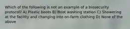 Which of the following is not an example of a biosecurity protocol? A) Plastic boots B) Boot washing station C) Showering at the facility and changing into on-farm clothing D) None of the above