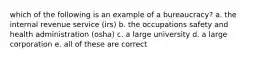 which of the following is an example of a bureaucracy? a. the internal revenue service (irs) b. the occupations safety and health administration (osha) c. a large university d. a large corporation e. all of these are correct