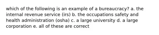 which of the following is an example of a bureaucracy? a. the internal revenue service (irs) b. the occupations safety and health administration (osha) c. a large university d. a large corporation e. all of these are correct