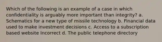 Which of the following is an example of a case in which confidentiality is arguably more important than integrity? a. Schematics for a new type of missile technology b. Financial data used to make investment decisions c. Access to a subscription based website Incorrect d. The public telephone directory