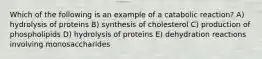 Which of the following is an example of a catabolic reaction? A) hydrolysis of proteins B) synthesis of cholesterol C) production of phospholipids D) hydrolysis of proteins E) dehydration reactions involving monosaccharides