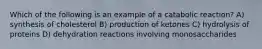 Which of the following is an example of a catabolic reaction? A) synthesis of cholesterol B) production of ketones C) hydrolysis of proteins D) dehydration reactions involving monosaccharides