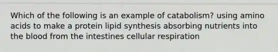 Which of the following is an example of catabolism? using amino acids to make a protein lipid synthesis absorbing nutrients into the blood from the intestines cellular respiration