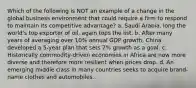 Which of the following is NOT an example of a change in the global business environment that could require a firm to respond to maintain its competitive advantage? a. Saudi Arabia, long the world's top exporter of oil, again tops the list. b. After many years of averaging over 10% annual GDP growth, China developed a 5-year plan that sets 7% growth as a goal. c. Historically commodity-driven economies in Africa are now more diverse and therefore more resilient when prices drop. d. An emerging middle class in many countries seeks to acquire brand-name clothes and automobiles.