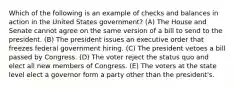 Which of the following is an example of checks and balances in action in the United States government? (A) The House and Senate cannot agree on the same version of a bill to send to the president. (B) The president issues an executive order that freezes federal government hiring. (C) The president vetoes a bill passed by Congress. (D) The voter reject the status quo and elect all new members of Congress. (E) The voters at the state level elect a governor form a party other than the president's.