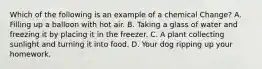 Which of the following is an example of a chemical Change? A. Filling up a balloon with hot air. B. Taking a glass of water and freezing it by placing it in the freezer. C. A plant collecting sunlight and turning it into food. D. Your dog ripping up your homework.