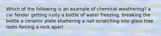 Which of the following is an example of chemical weathering? a car fender getting rusty a bottle of water freezing, breaking the bottle a ceramic plate shattering a nail scratching into glass tree roots forcing a rock apart