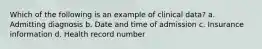 Which of the following is an example of clinical data? a. Admitting diagnosis b. Date and time of admission c. Insurance information d. Health record number