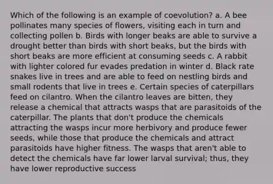 Which of the following is an example of coevolution? a. A bee pollinates many species of flowers, visiting each in turn and collecting pollen b. Birds with longer beaks are able to survive a drought better than birds with short beaks, but the birds with short beaks are more efficient at consuming seeds c. A rabbit with lighter colored fur evades predation in winter d. Black rate snakes live in trees and are able to feed on nestling birds and small rodents that live in trees e. Certain species of caterpillars feed on cilantro. When the cilantro leaves are bitten, they release a chemical that attracts wasps that are parasitoids of the caterpillar. The plants that don't produce the chemicals attracting the wasps incur more herbivory and produce fewer seeds, while those that produce the chemicals and attract parasitoids have higher fitness. The wasps that aren't able to detect the chemicals have far lower larval survival; thus, they have lower reproductive success