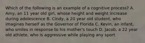 Which of the following is an example of a cognitive process? A. Amy, an 11 year old girl, whose height and weight increase during adolescence B. Cindy, a 20 year old student, who imagines herself as the Governor of Florida C. Kevin, an infant, who smiles in response to his mother's touch D. Jacob, a 22 year old athlete, who is aggressive while playing any sport