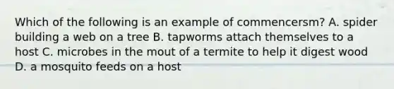 Which of the following is an example of commencersm? A. spider building a web on a tree B. tapworms attach themselves to a host C. microbes in the mout of a termite to help it digest wood D. a mosquito feeds on a host