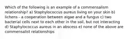 Which of the following is an example of a commensalism relationship? a) Staphylococcus aureus living on your skin b) lichens - a cooperation between algae and a fungus c) two bacterial cells next to each other in the soil, but not interacting d) Staphylococcus aureus in an abscess e) none of the above are commensalist relationships