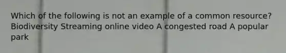 Which of the following is not an example of a common resource? Biodiversity Streaming online video A congested road A popular park