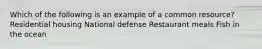 Which of the following is an example of a common resource? Residential housing National defense Restaurant meals Fish in the ocean