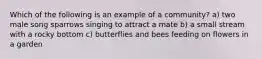 Which of the following is an example of a community? a) two male song sparrows singing to attract a mate b) a small stream with a rocky bottom c) butterflies and bees feeding on flowers in a garden