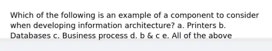 Which of the following is an example of a component to consider when developing information architecture? a. Printers b. Databases c. Business process d. b & c e. All of the above